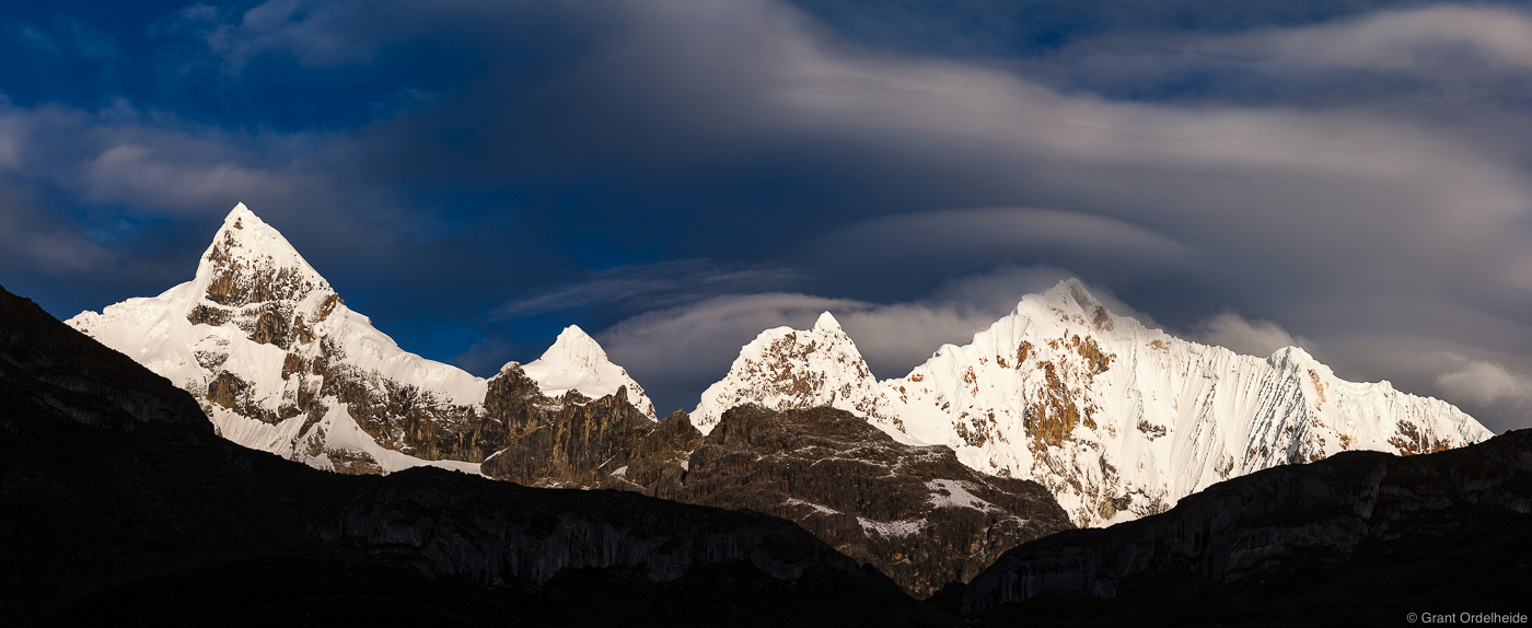 An early morning storm over the rugged Cordillera Huayhuash in Peru.