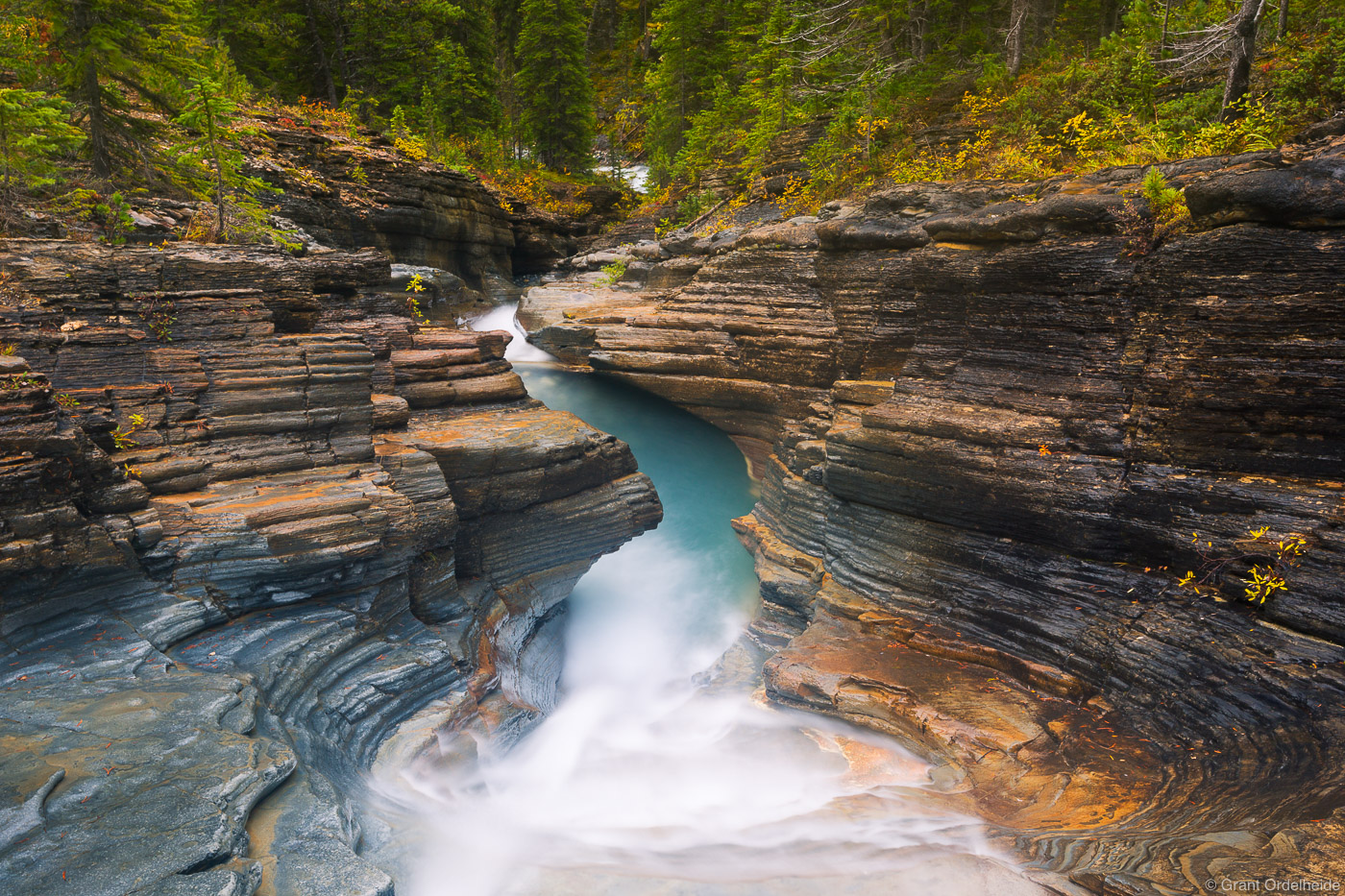 A unique waterfall cuts through a canyon in Mount Robson Provincial Park.