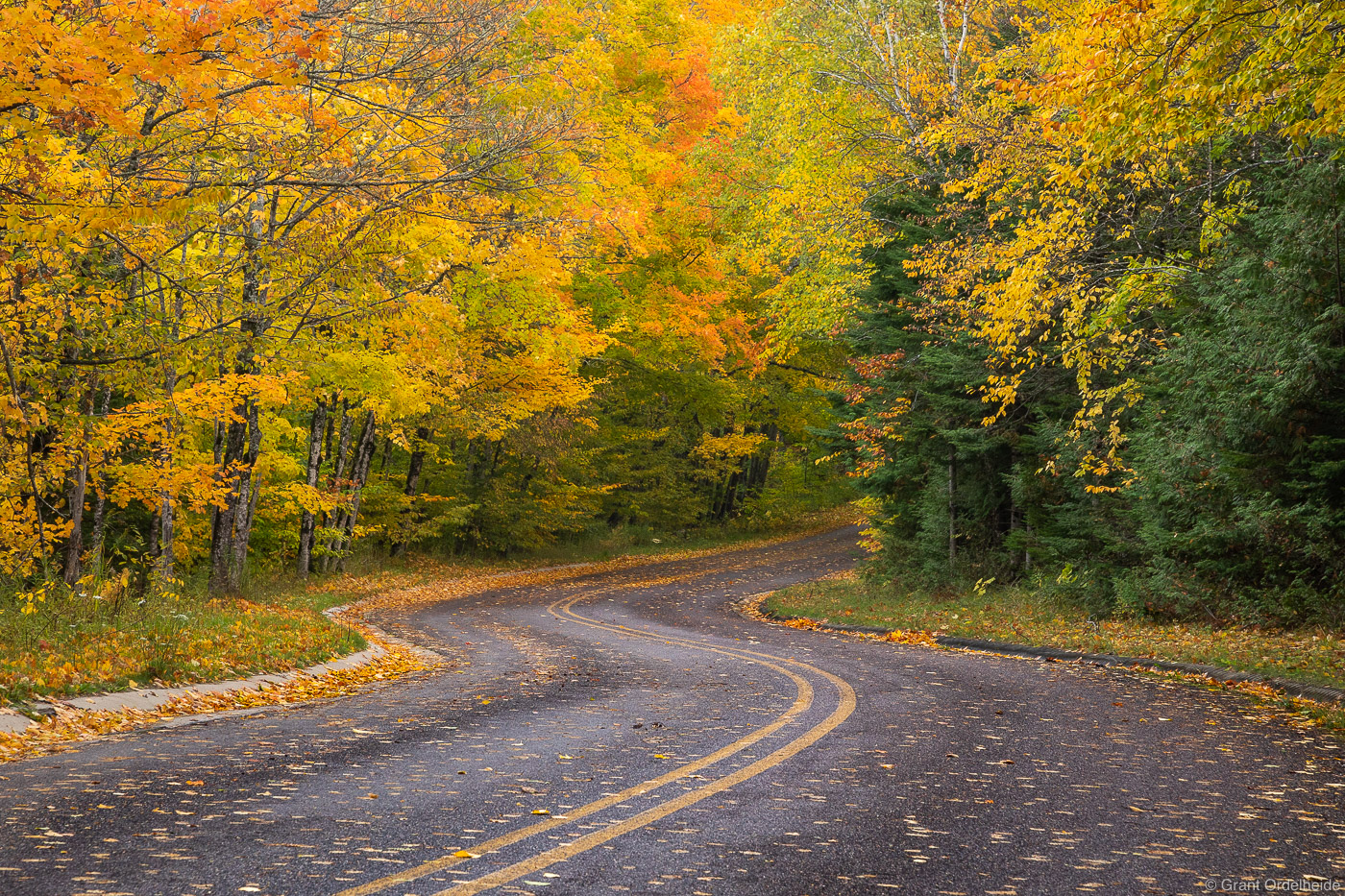 A winding road through the fall foliage of Pictured Rocks National Lakeshore near Munising, Michigan.