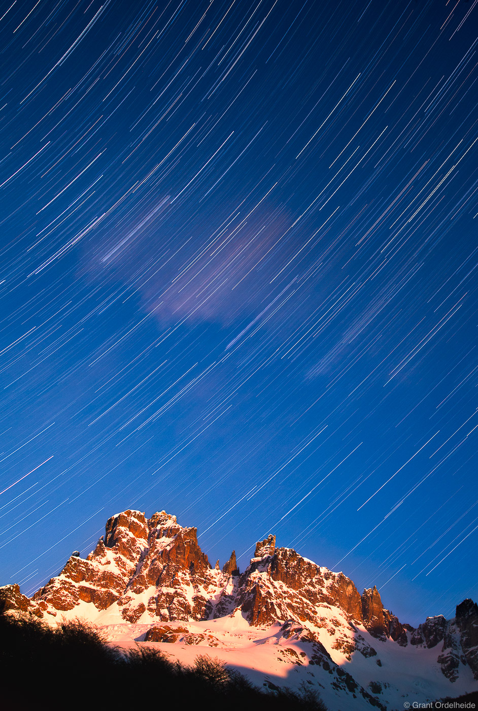 Star trails above Cerro Castillo, the tallest peak in the Cerro Castillo National Reserve.