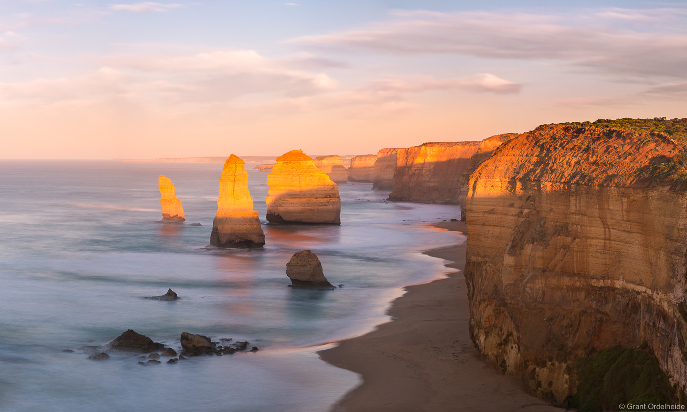 An early morning view of the iconic Twelve Apostles along Australia's Great Ocean Road.