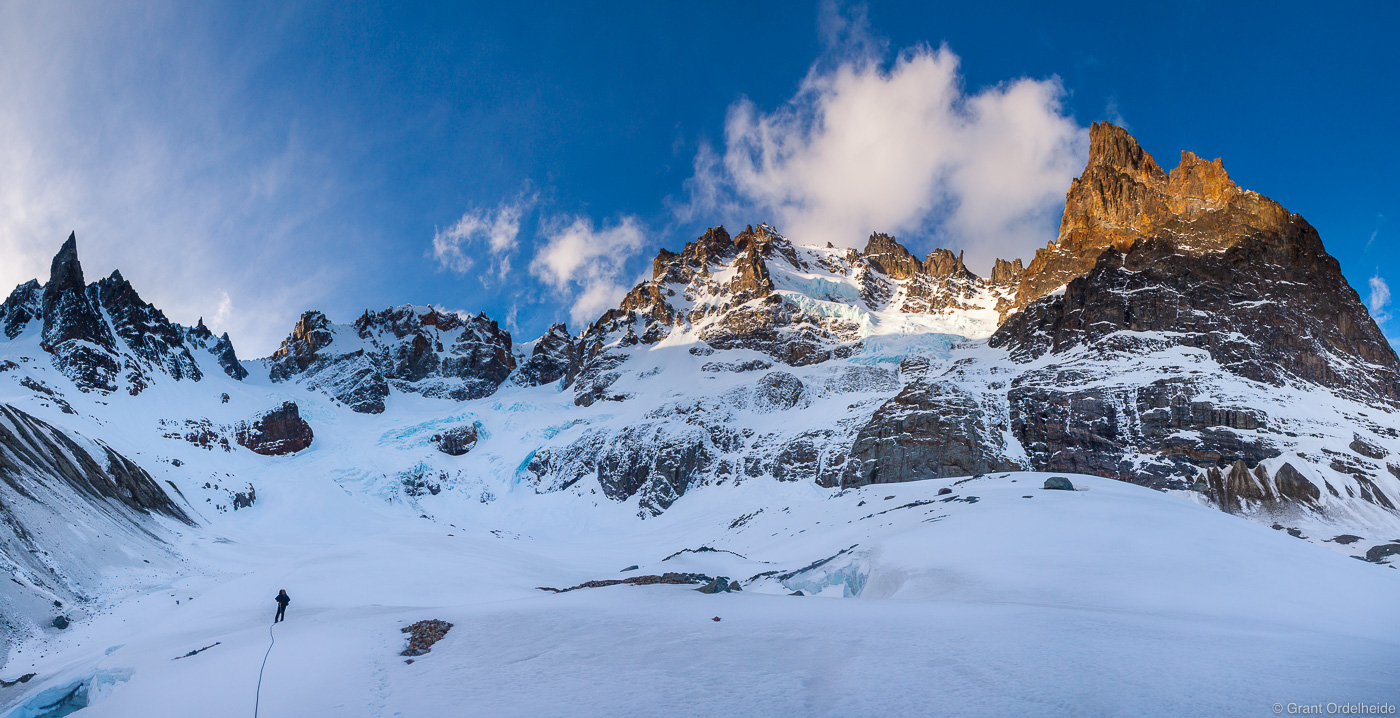 A climber traversing the glacier below Cerro Peñon in Cerro Castillo National Reserve.
