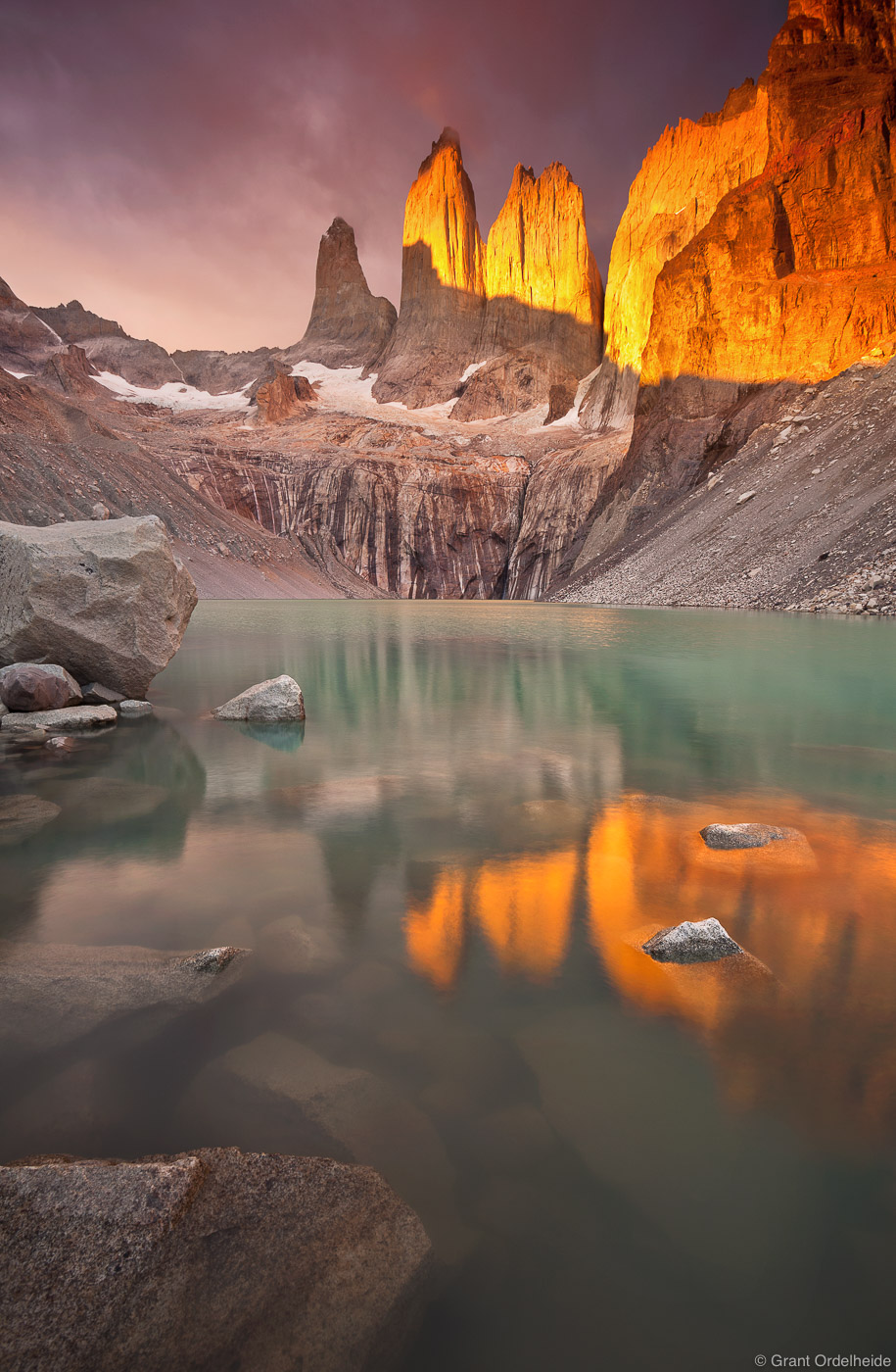 The impressive Towers of Paine at sunrise in Chile's Torres del Paine National Park.