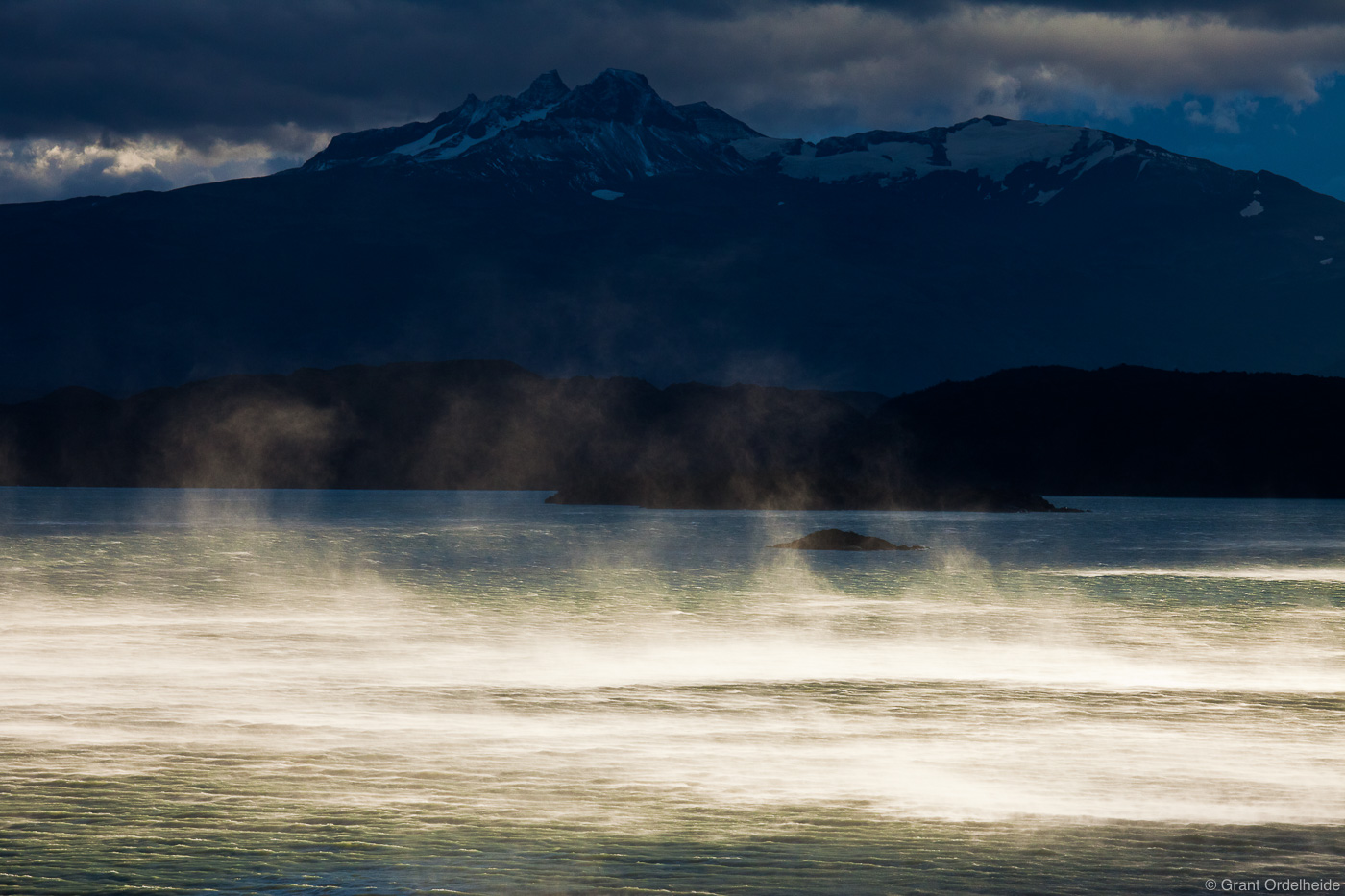 Massive walls of water being blown across the surface of Lago Nordenskjold in Torres del Paine National Park.