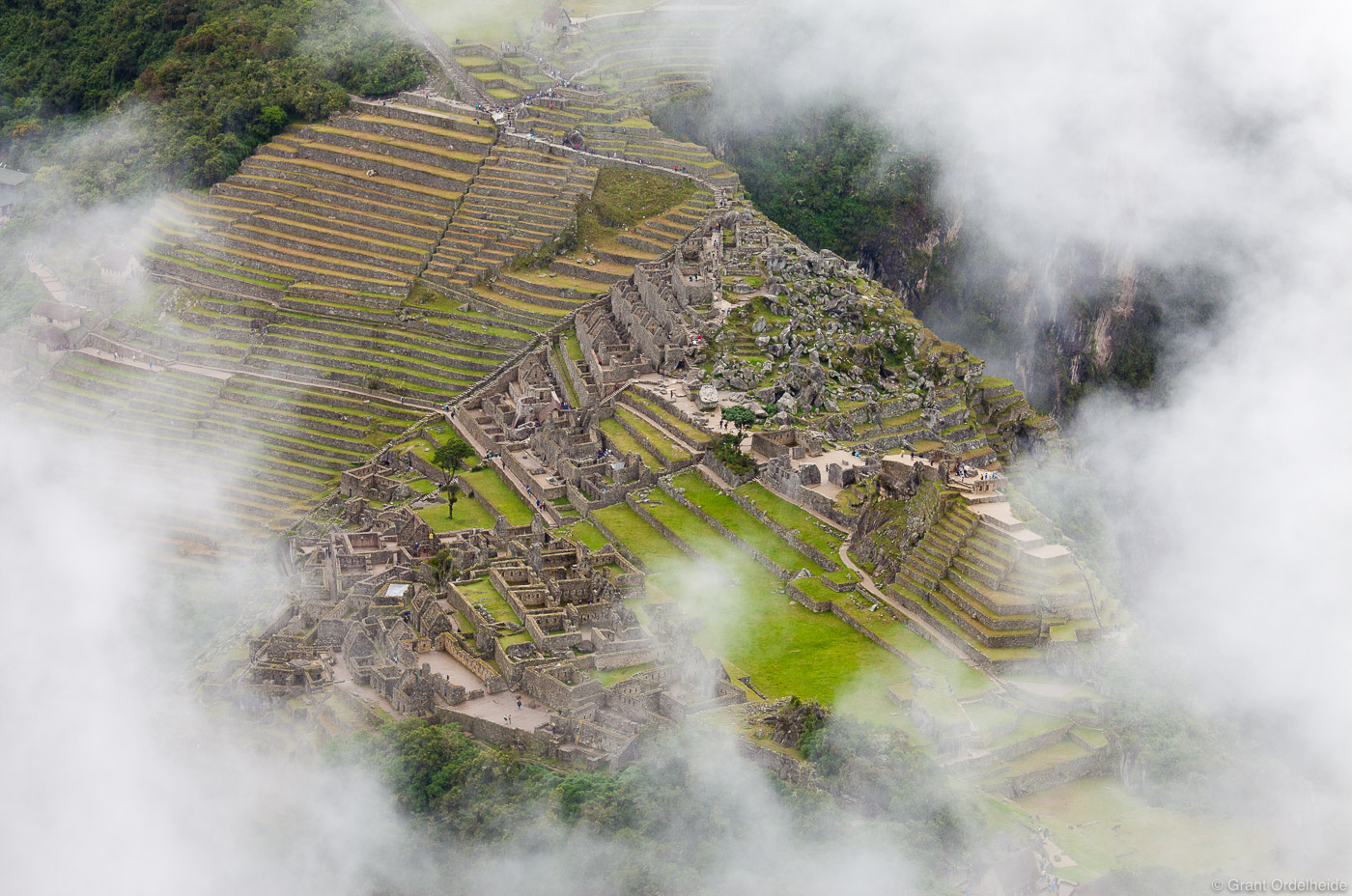 The ruins of Machu Picchu as seen from the summit of Huayna Picchu.