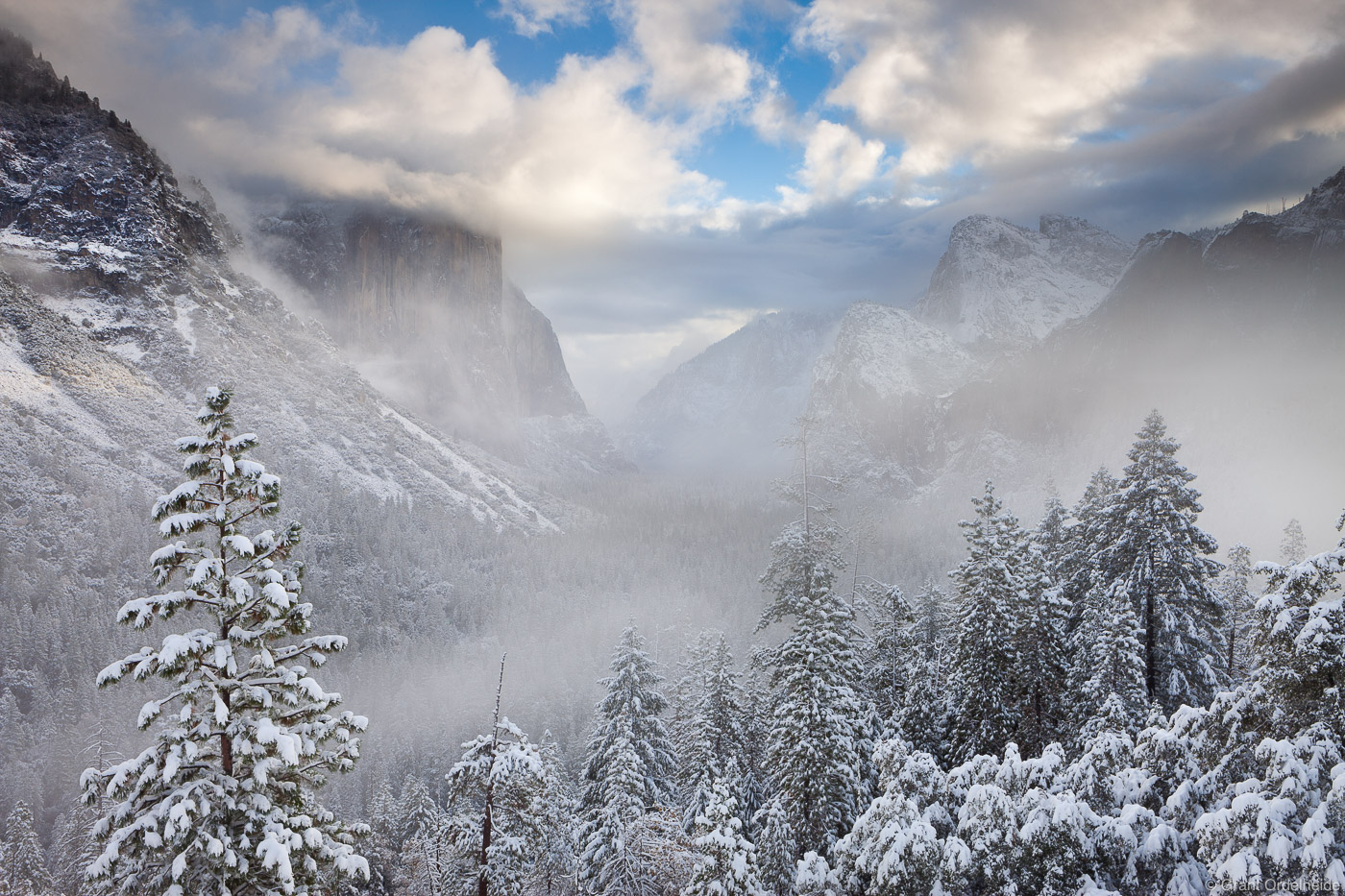 A winter storm covers Yosemite Valley in a blanket of snow.