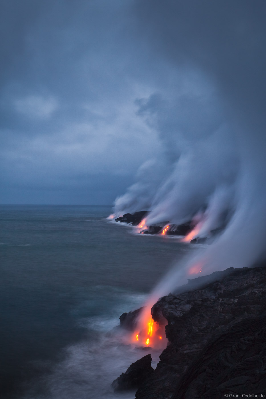 Lava flowing into the ocean from the Puu Oo vent on the Big Island of Hawaii.