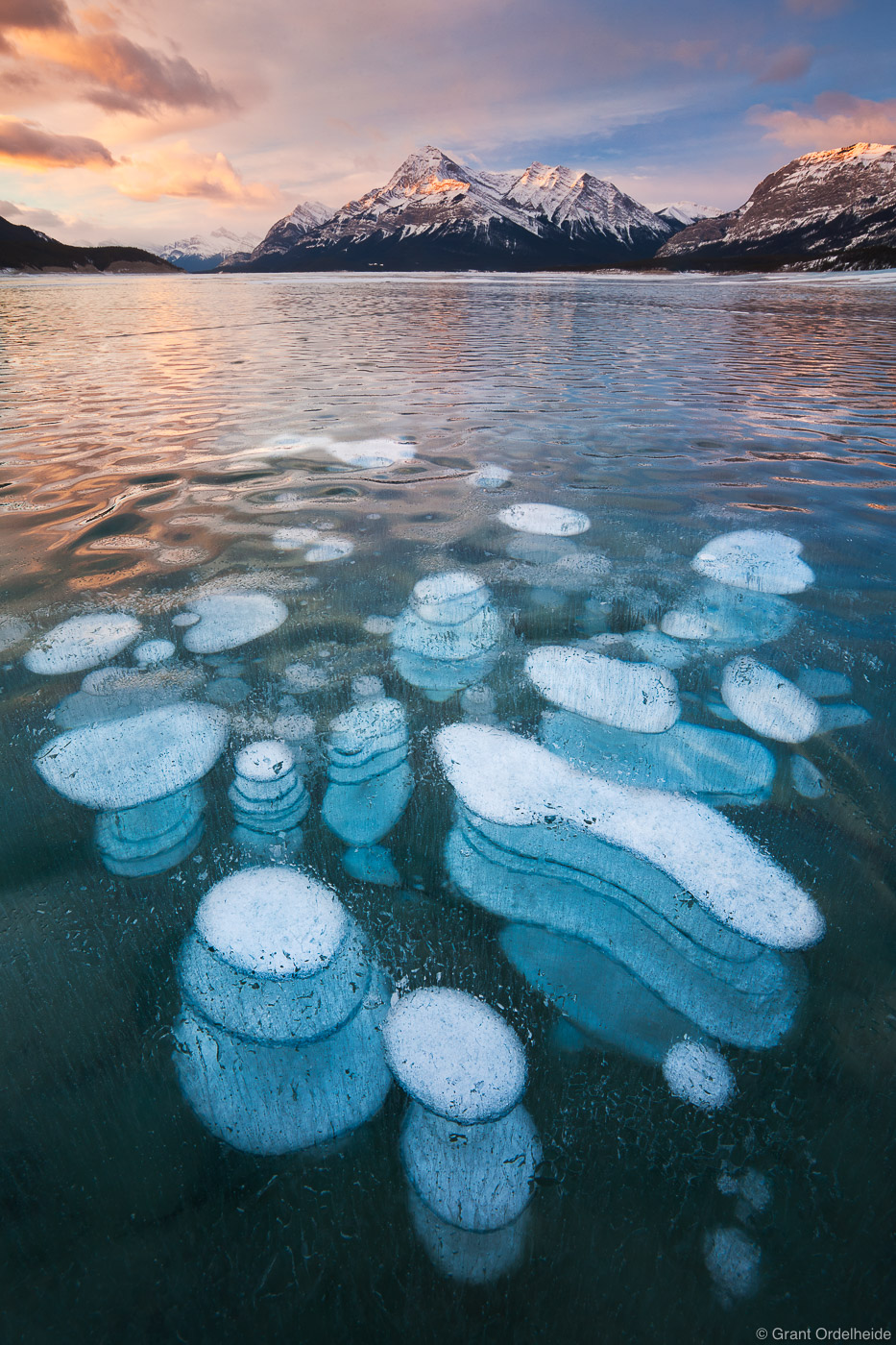 Bubbles formed in the ice on Abraham Lake in the Canadian Rockies.