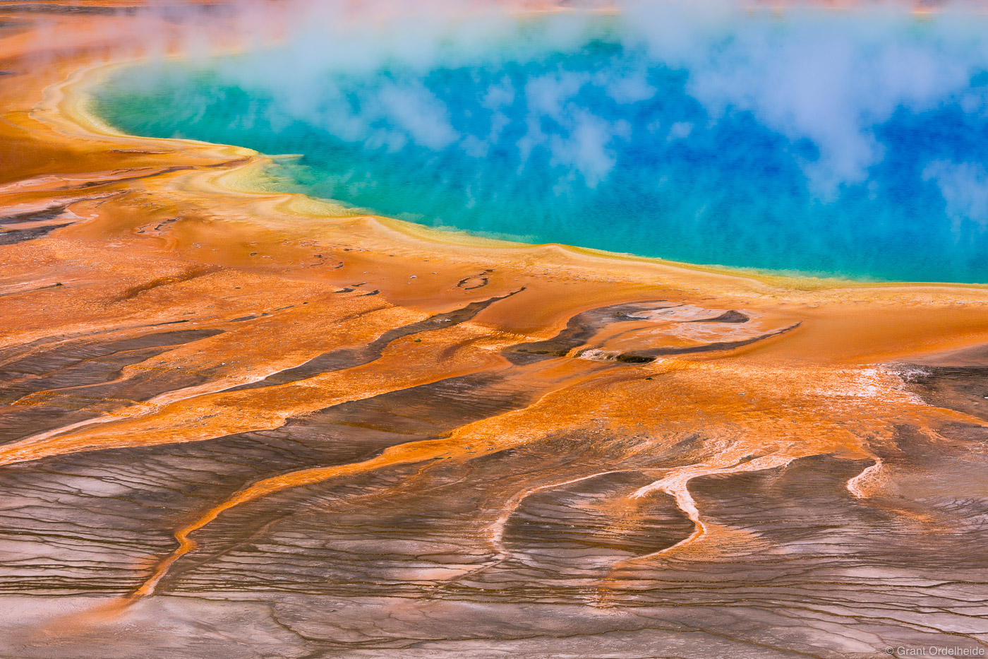 The colorful Grand Prismatic hot spring in Yellowstone National Park.