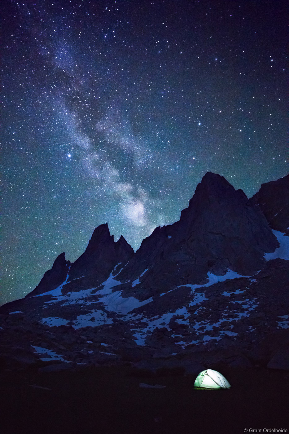 Milky Way over Warbonnet and Warrior peaks in the Cirque of the Towers.