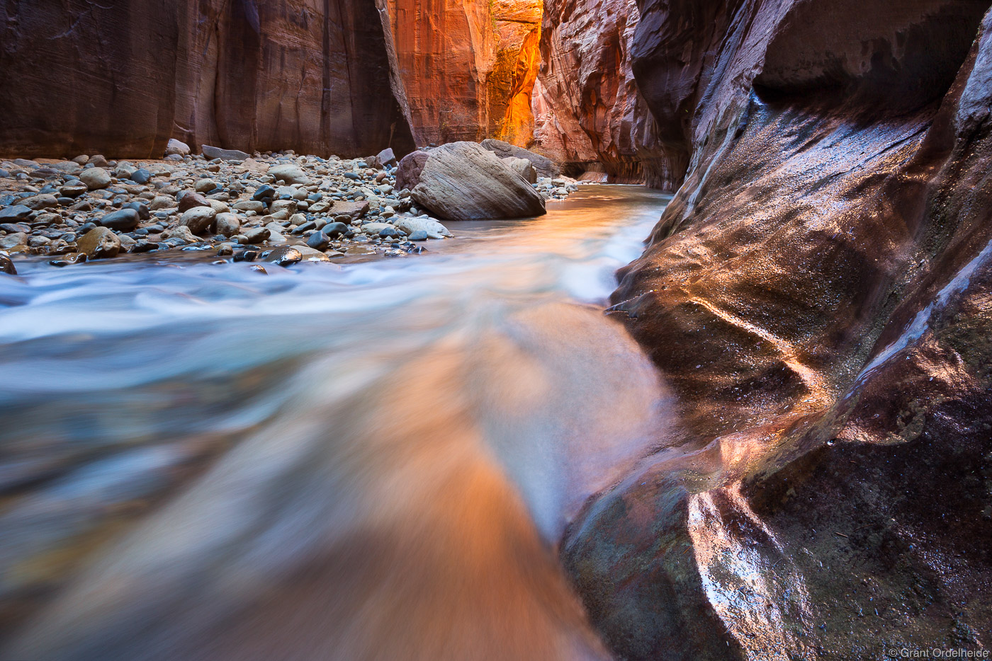 The Virgin River flows through The Narrows in Zion Canyon.