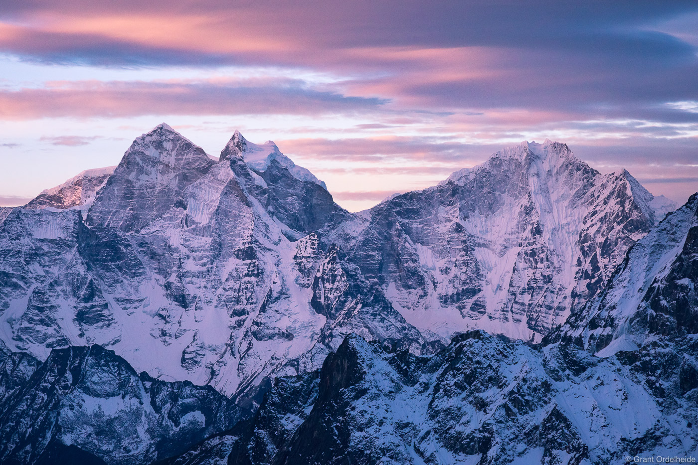 Kangtega and Thamserku as seen from high on Lobuche East at sunrise in the Everest Region of Nepal.