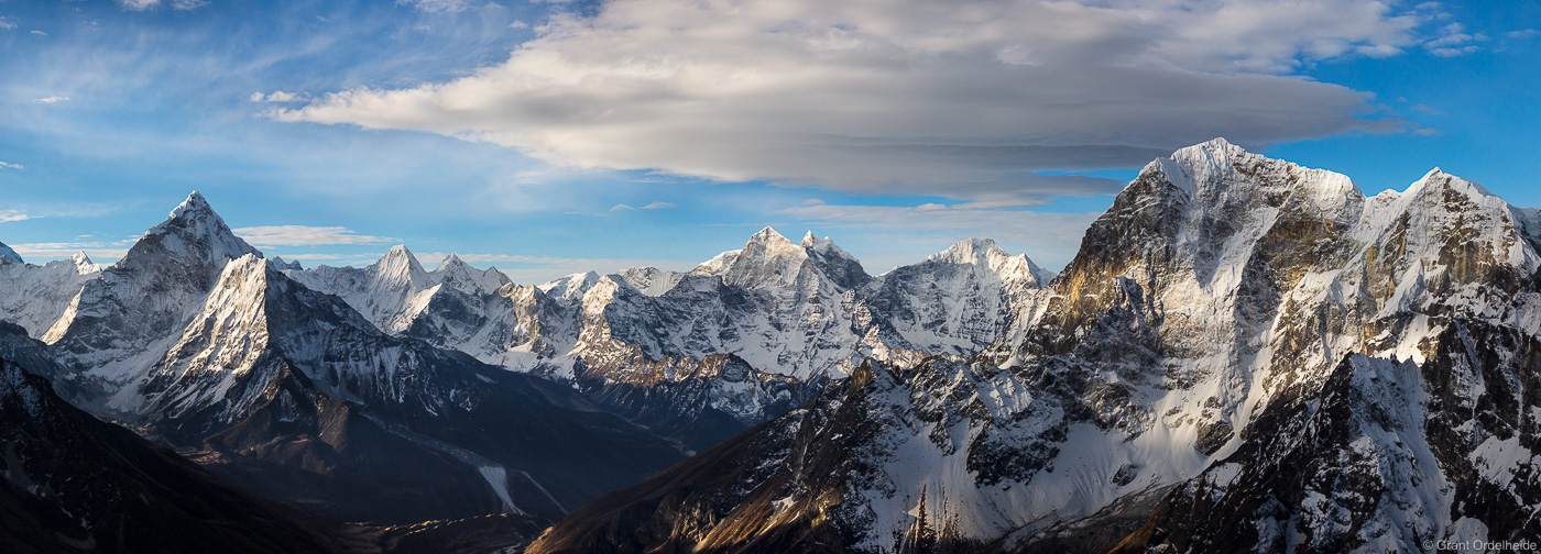 A early morning panorama of the Himalayan range as seen from Lobuche East.