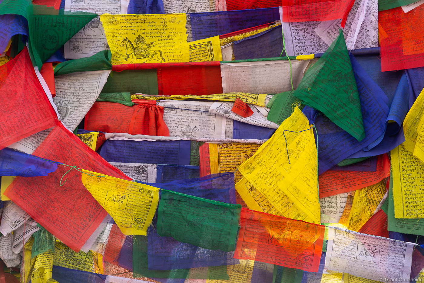 A pattern of prayer flags at Bodhnath Stupa in Katmandu Nepal.