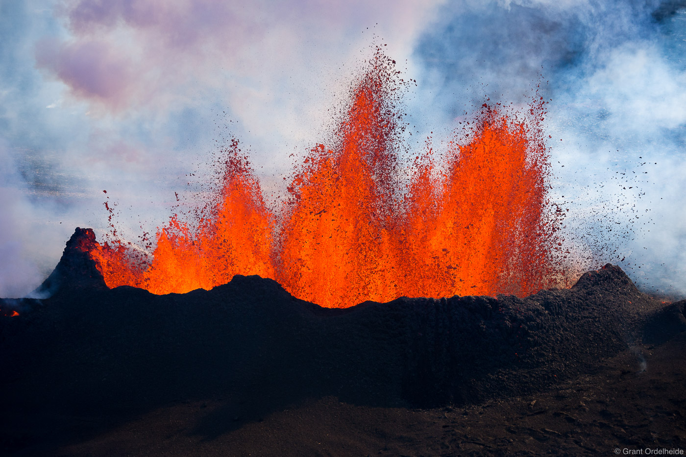 A massive lava eruption from a fissure near the Bardarbunga volcano in Iceland's Holuhraun lava field.