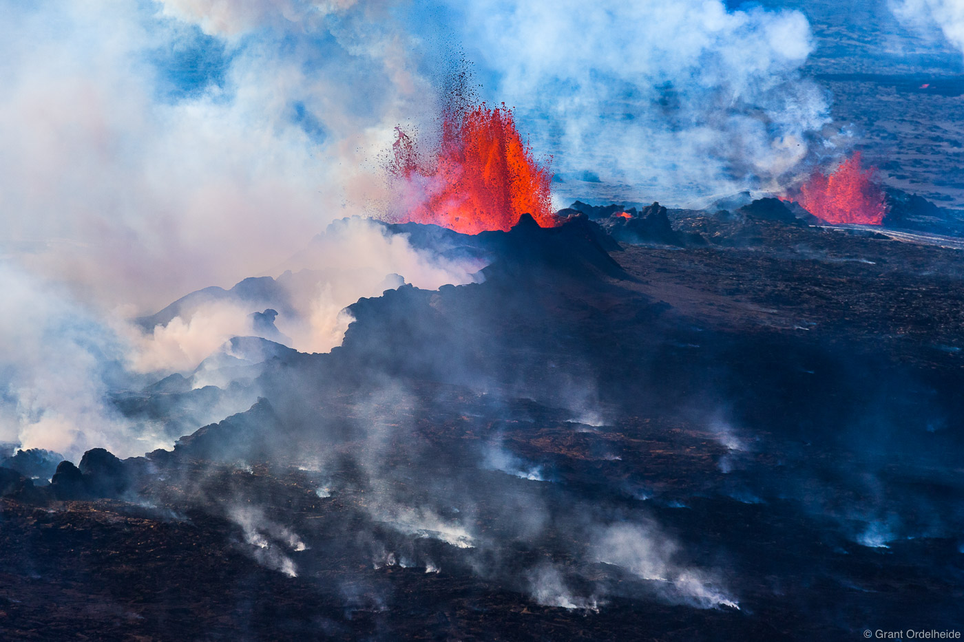 A lava eruption and steam from a fissure near the Bardarbunga volcano in Iceland's Holuhraun lava field.