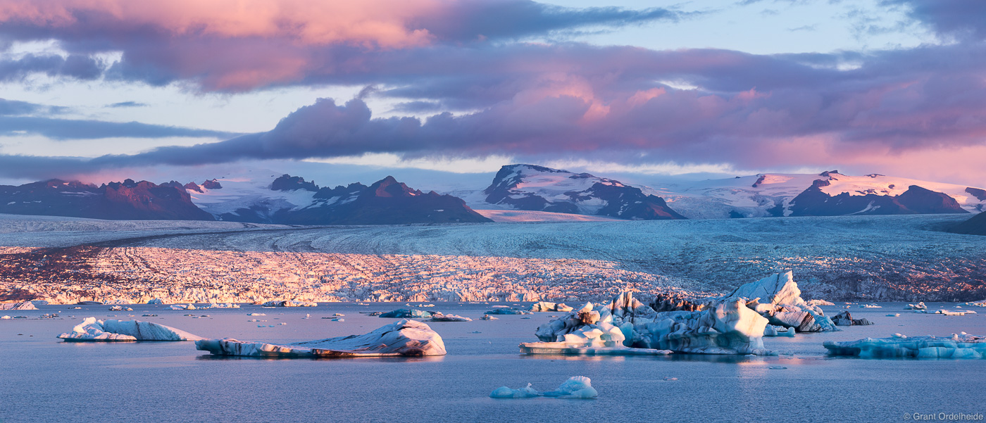 Sunrise on the Jökulsárlón Lagoon on Iceland's southern coast.