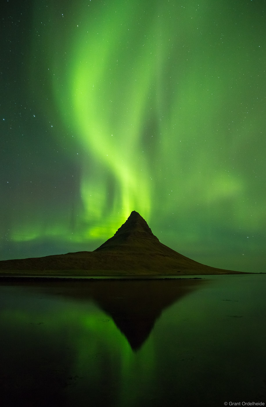 The Aurora Borealis dance over Kirkjufell mountain on the&nbsp;Snæfellsnes peninsula in western Iceland.