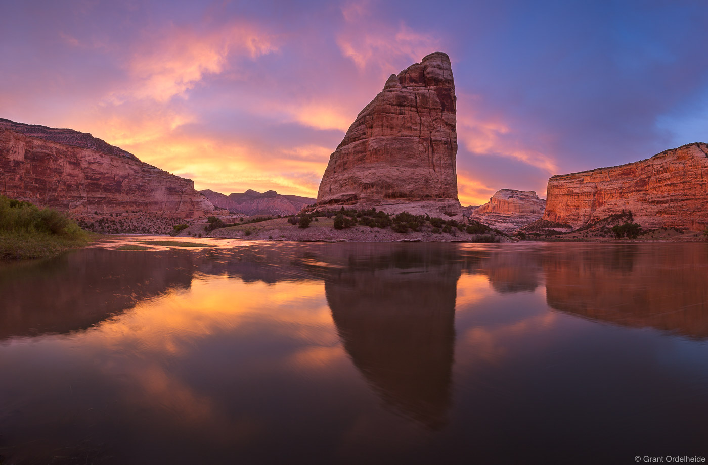 Steamboat Rock and the Green River at sunset in Dinosaur National Monument.