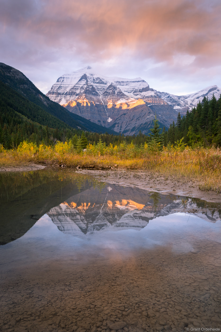 Sunset on Mt. Robson, the highest peak in the Canadian Rockies.