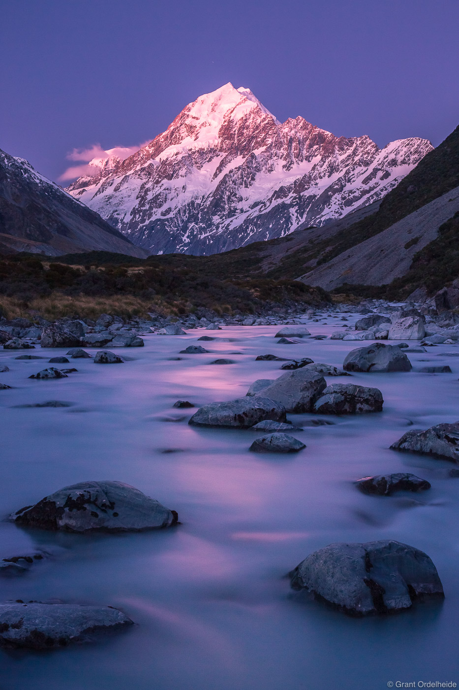 Dusk over Mt. Cook, the highest point in New Zealand, from the Hooker Valley Track.