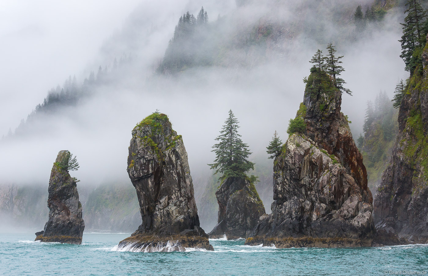 Fog rolling through the Cove of the Spires in Kenai Fjords national park near Seward, Alaska.