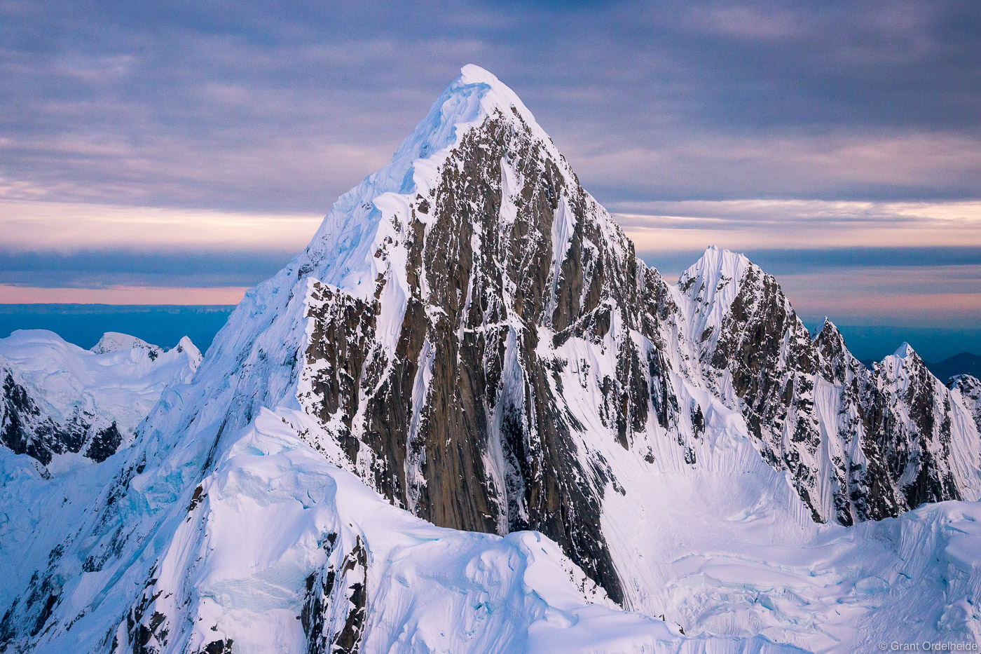 An aerial view of the picturesque Mount Huntington in Alaska's Denali National Park.