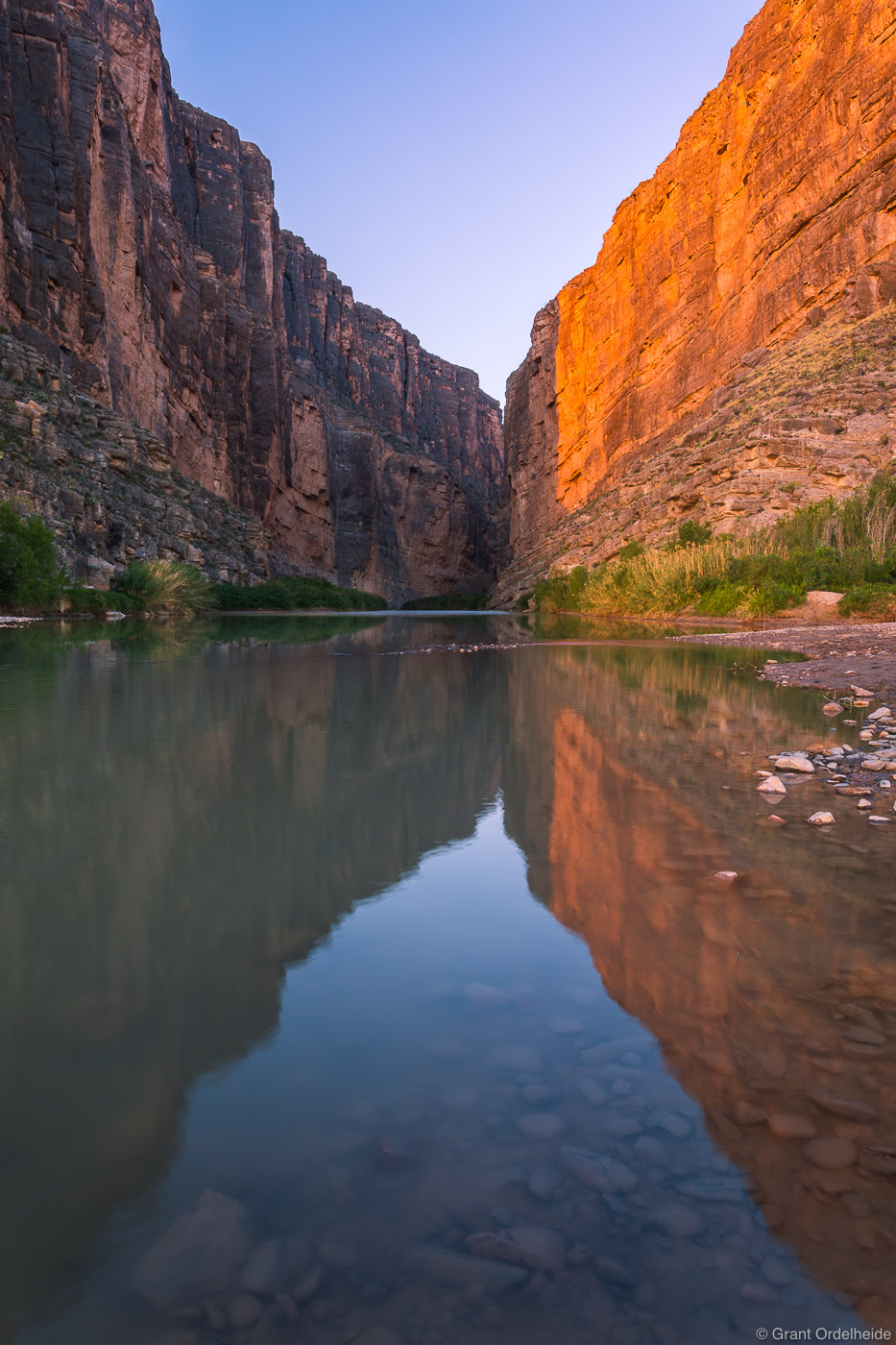 Sunrise over the Rio Grande river and the entrance to the Santa Elena Canyon in Big Bend National Park. This river and canyon...