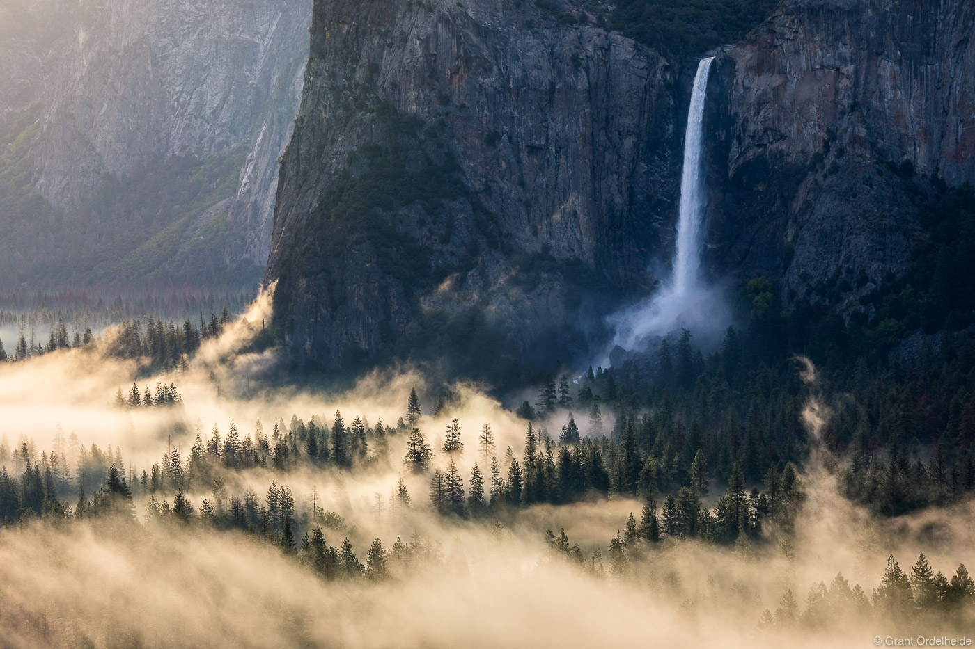 Morning fog below Bridalveil Falls in Yosemite National Park.