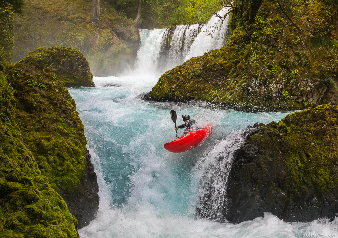 A kayaker running Chaos on the Little White Salmon River near White Salmon Washington.