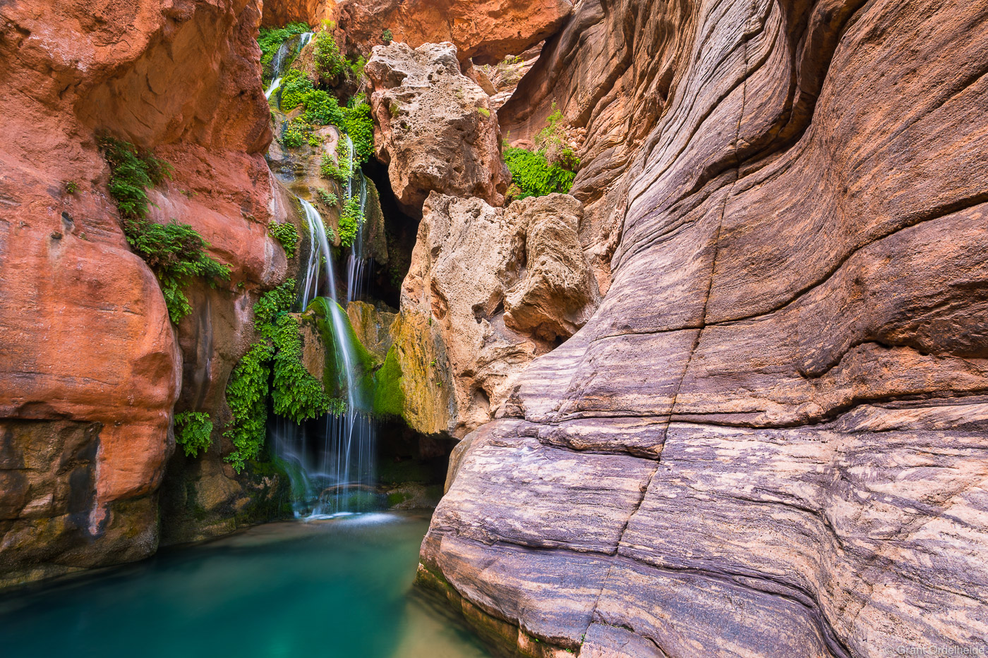 The waterfalls of Elves Chasm deep at the bottom of the Grand Canyon.