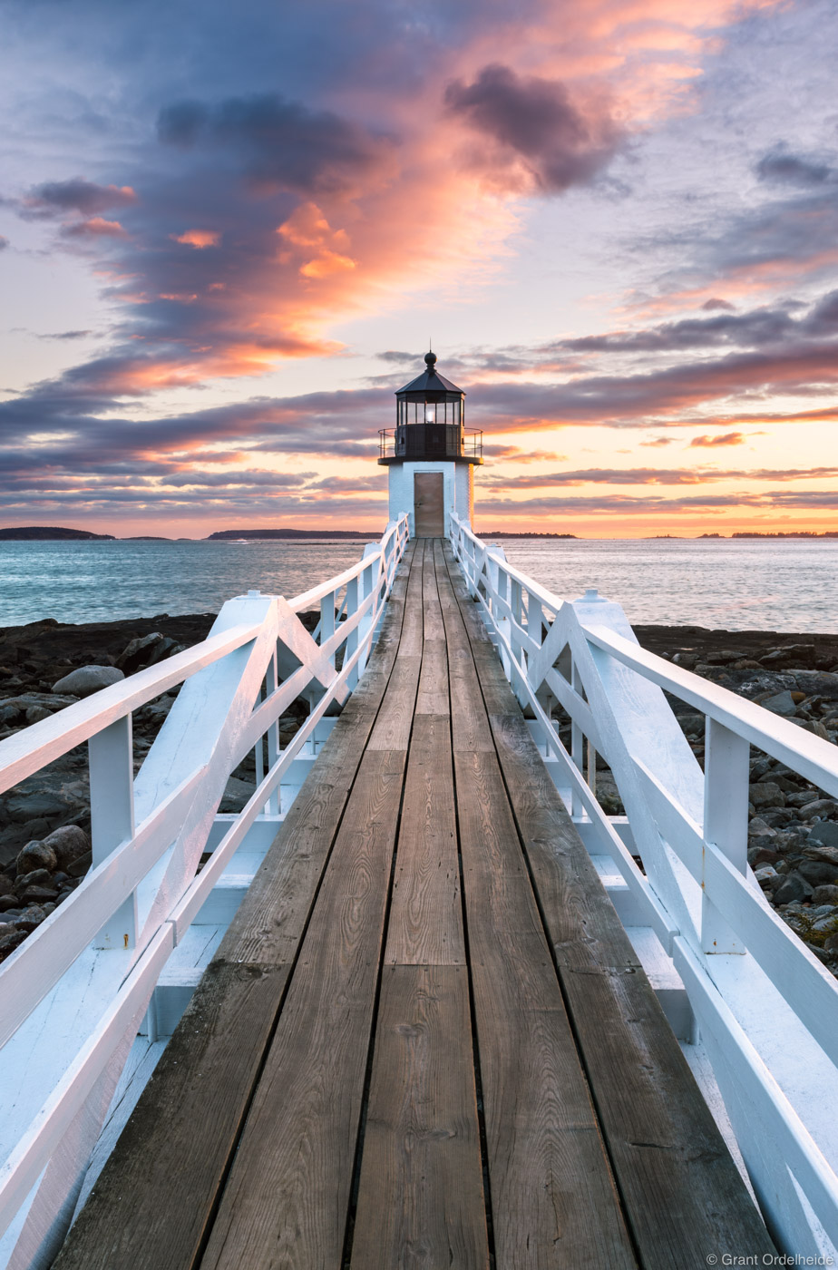 Sunset over the beautiful Marshall Point Lighthouse near Port Clyde, Maine.