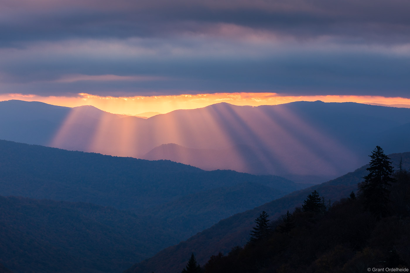 Sunrise beams along the border of North Carolina and Tennessee in Great Smoky Mountains National Park.