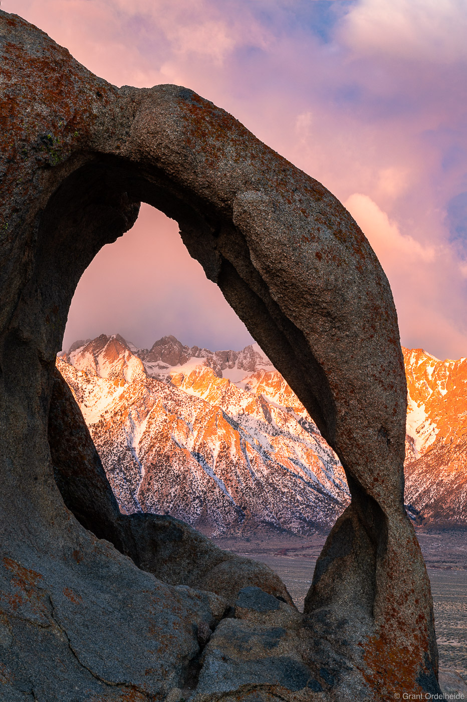 Sunrise over the Eastern Sierra and a remote arch in the Alabama Hills.