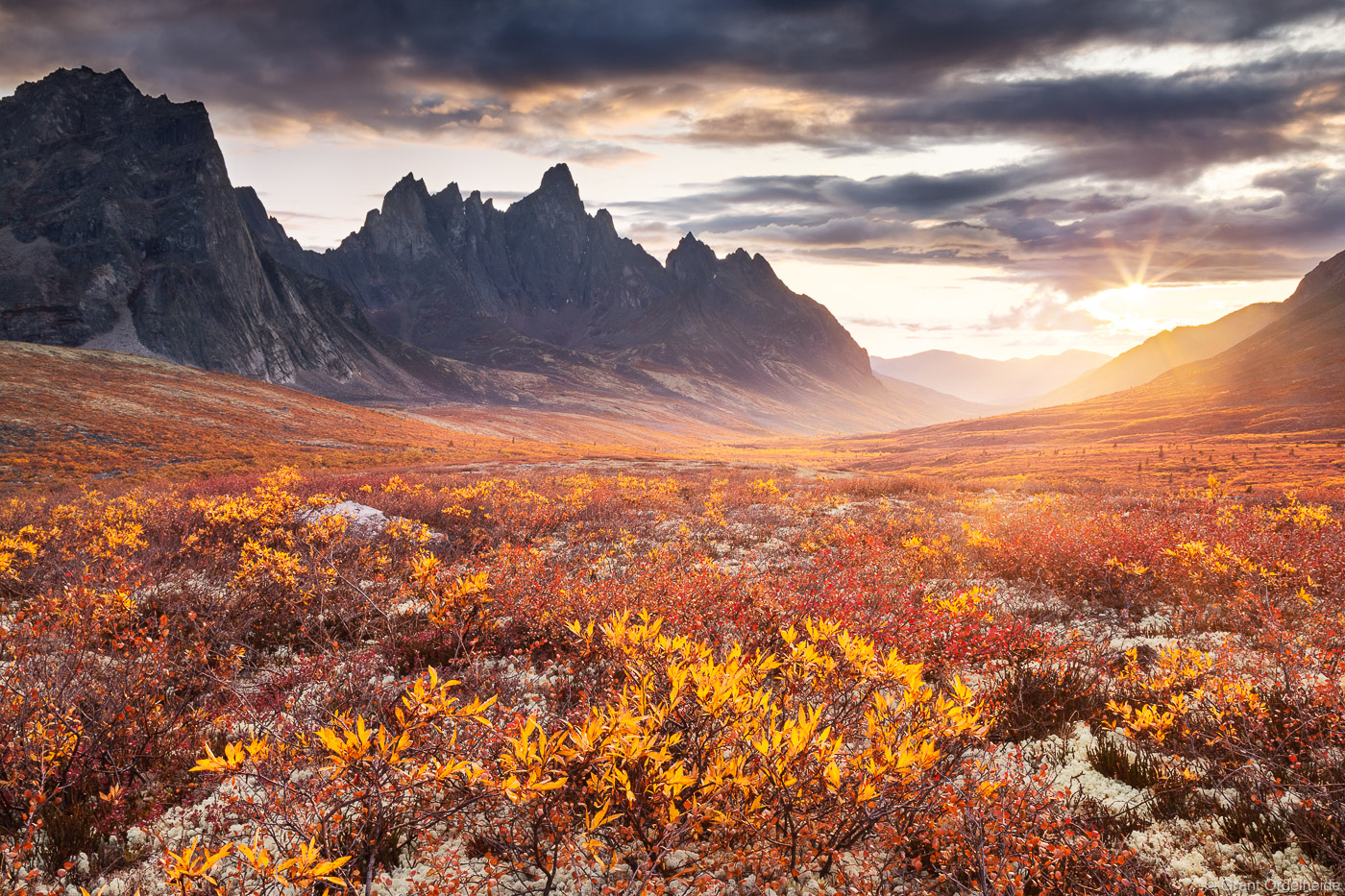 A colorful fall tundra below Tombstone Mountain in Canada's Tombstone Territorial Park.