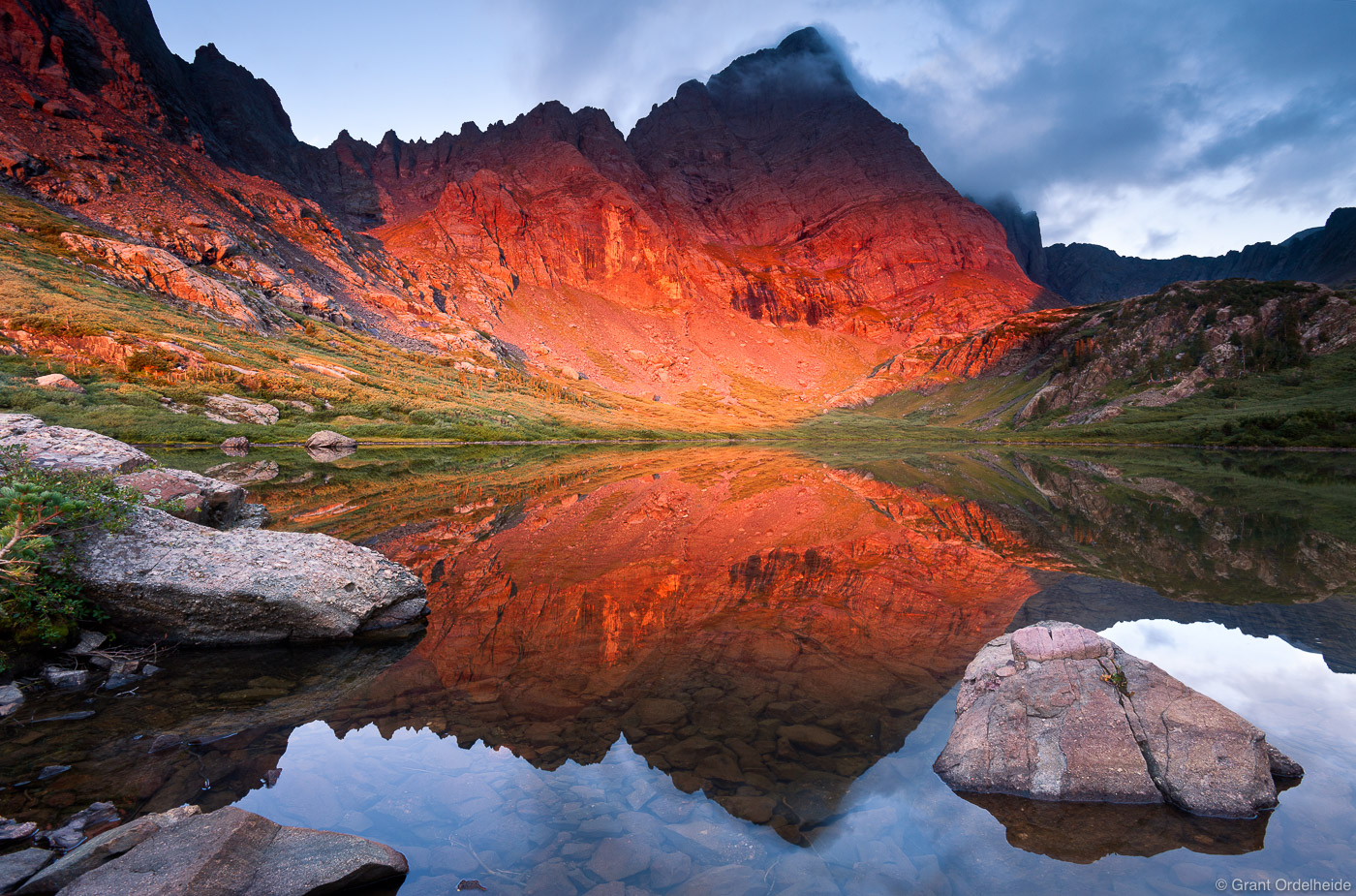 A blood red sunrise on Crestone Needle, a fourteener above South Colony Lakes near Westcliffe, Colorado.