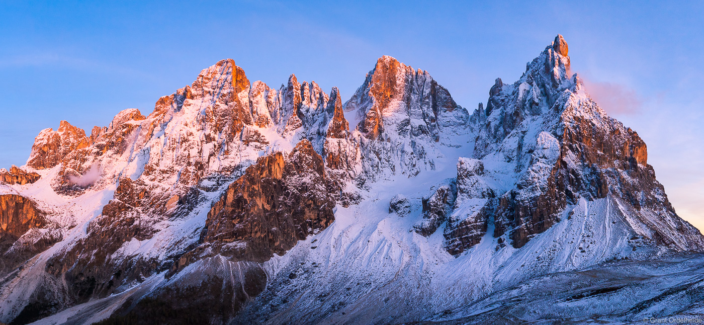 The ruggedly beautiful Pale di San Martino Group catches that last rays of sunset.