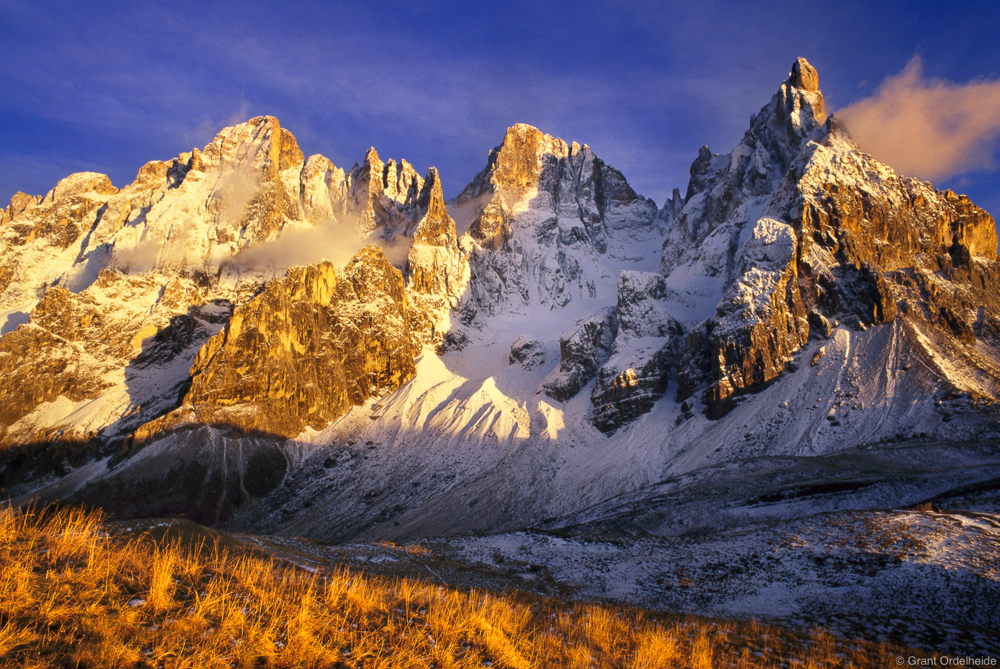 Sunset over&nbsp;the rugged Pala group in the Dolomites.