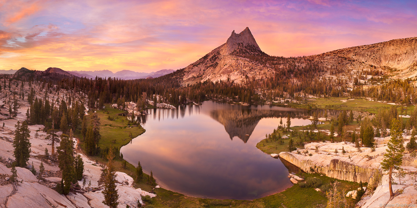 Sunset over Upper Cathedral Lake and the Yosemite high country.