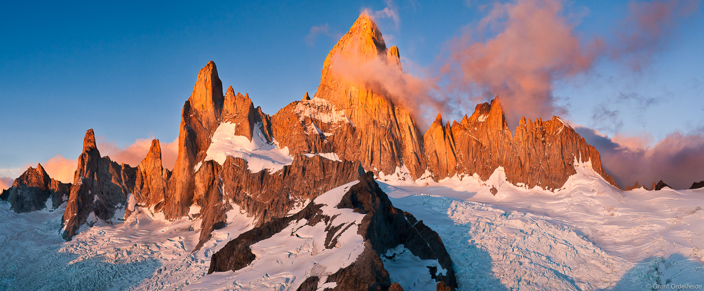 Sunrise on Mount Fitzroy as from the summit of Cerro Madsen. It may be a small peak, but Cerro Madsen surely has one of the greatest...