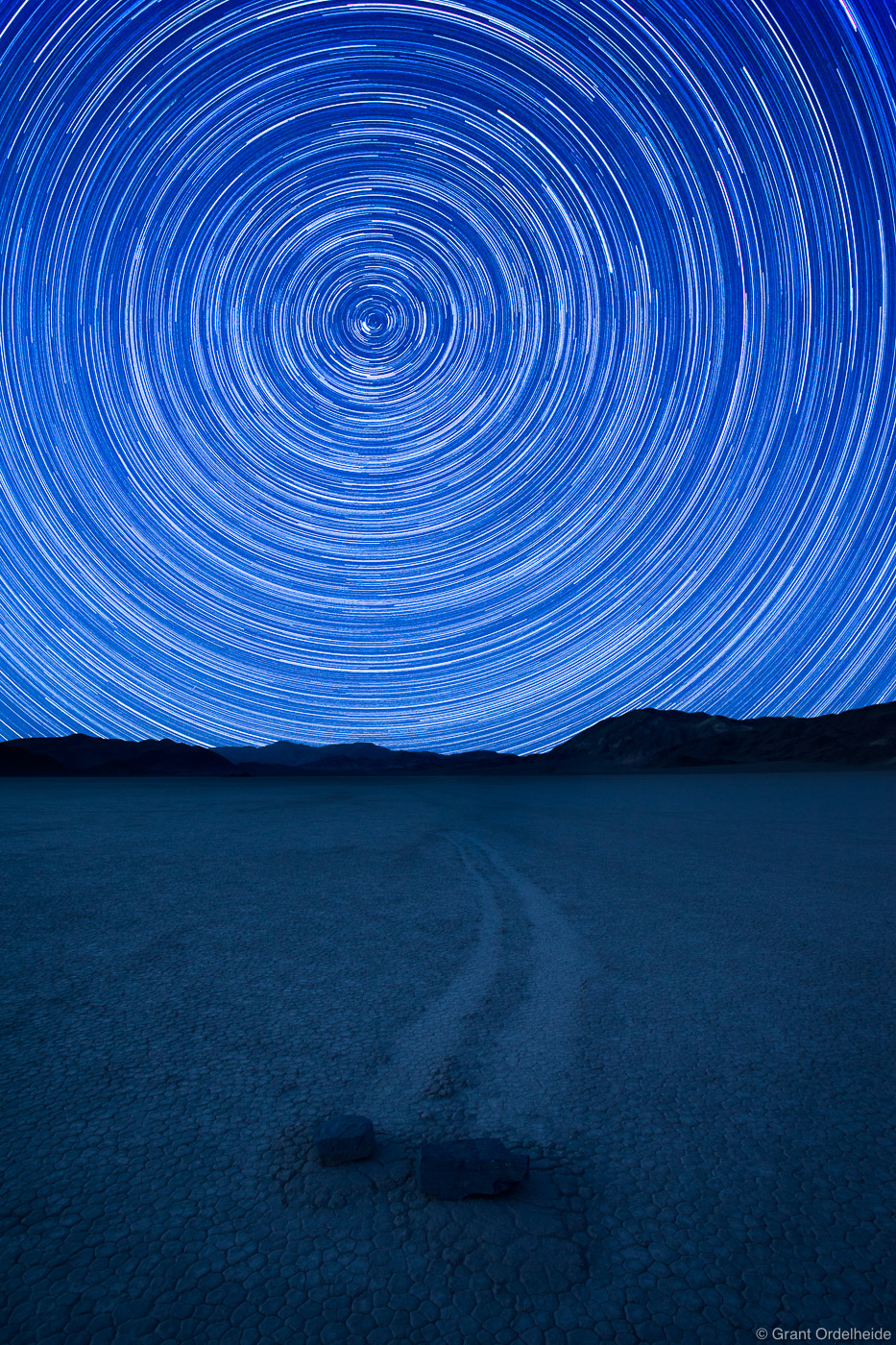 Star trails&nbsp;above the unique Racetrack Playa in Death Valley where rocks&nbsp;mysteriously move across the clay leaving...