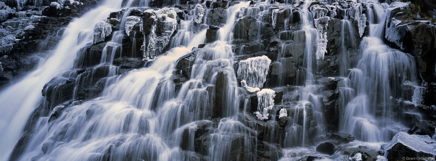 An icy waterfall high in Yankee Boy Basin near Ouray, Colorado.